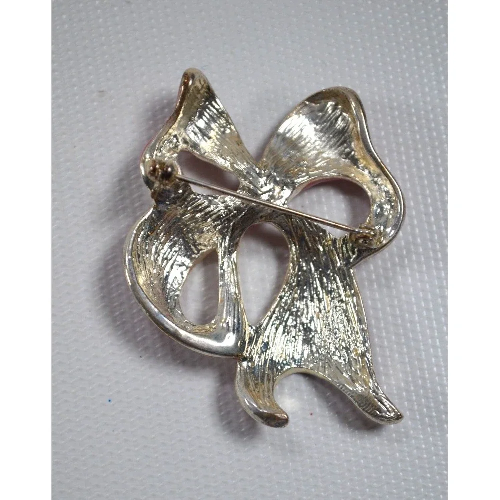 Vintage Ribbon Bow Pink Swirl Enamel Coated‎ Brooch Pink Rhinestones